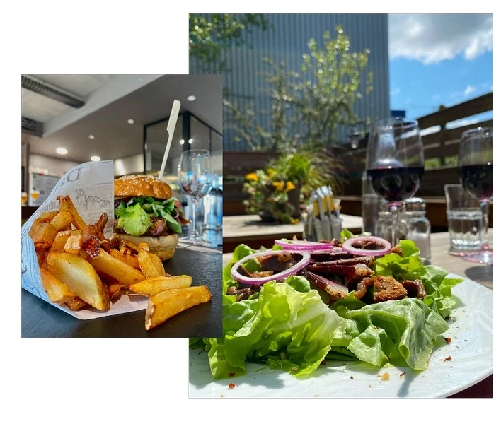 Burger et salade servi chez Glass & Mug